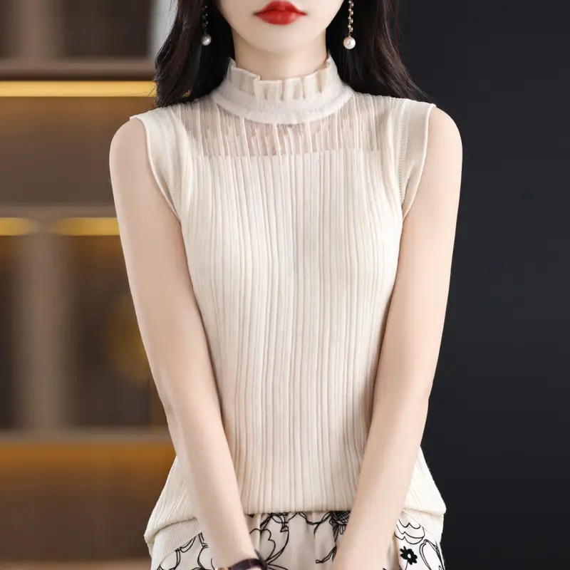 Women's White Sleeveless Fungus Lace Turtleneck Vest - Image 7