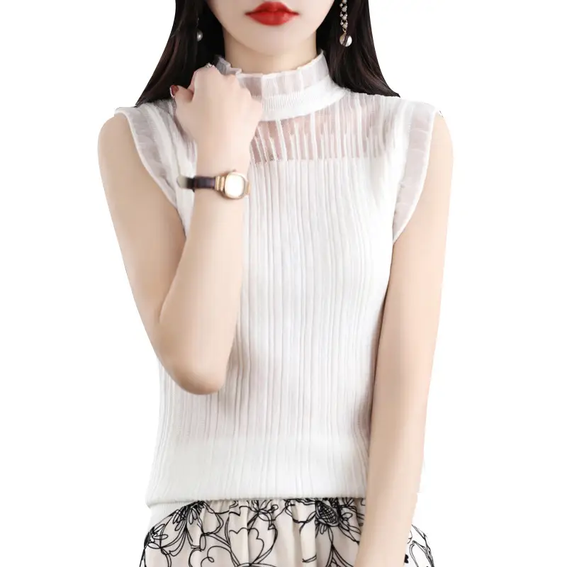 Women's White Sleeveless Fungus Lace Turtleneck Vest - Image 8