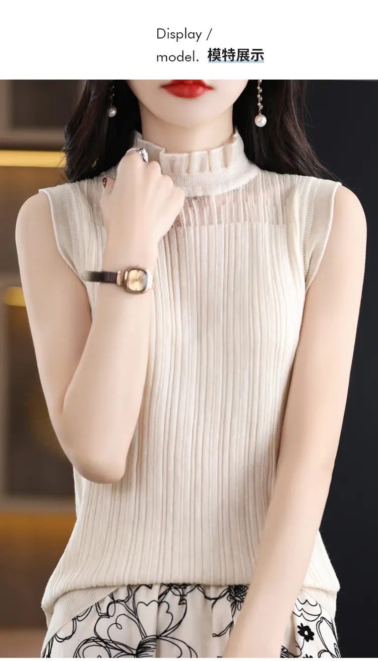 Women's White Sleeveless Fungus Lace Turtleneck Vest — feature 33