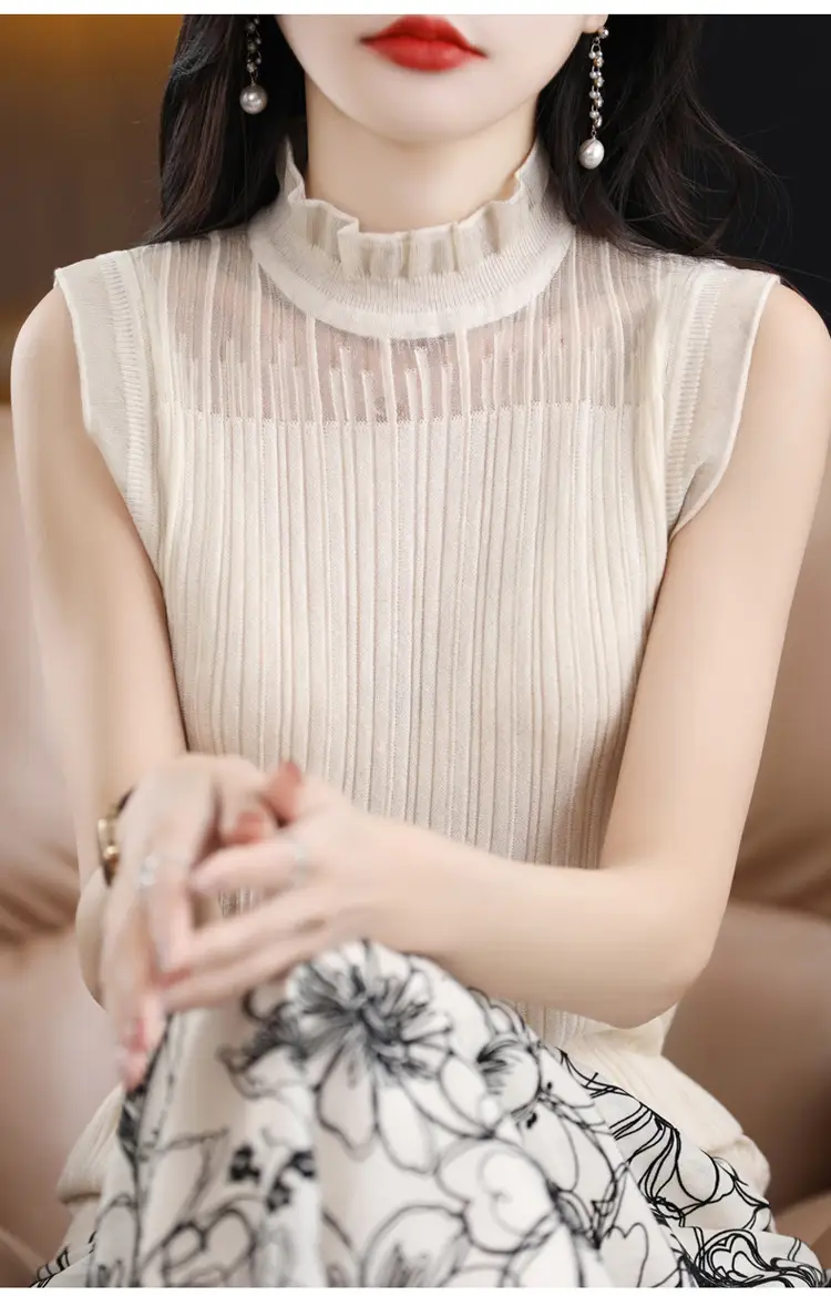 Women's White Sleeveless Fungus Lace Turtleneck Vest — feature 34