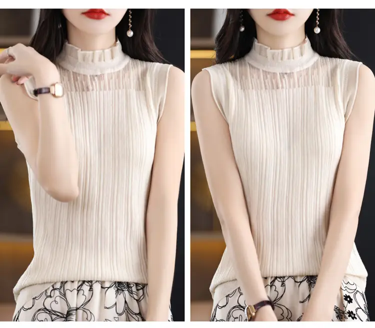 Women's White Sleeveless Fungus Lace Turtleneck Vest — feature 35