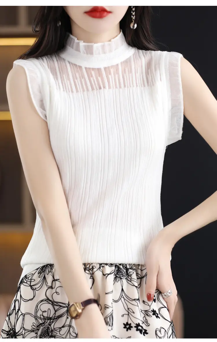 Women's White Sleeveless Fungus Lace Turtleneck Vest — feature 36