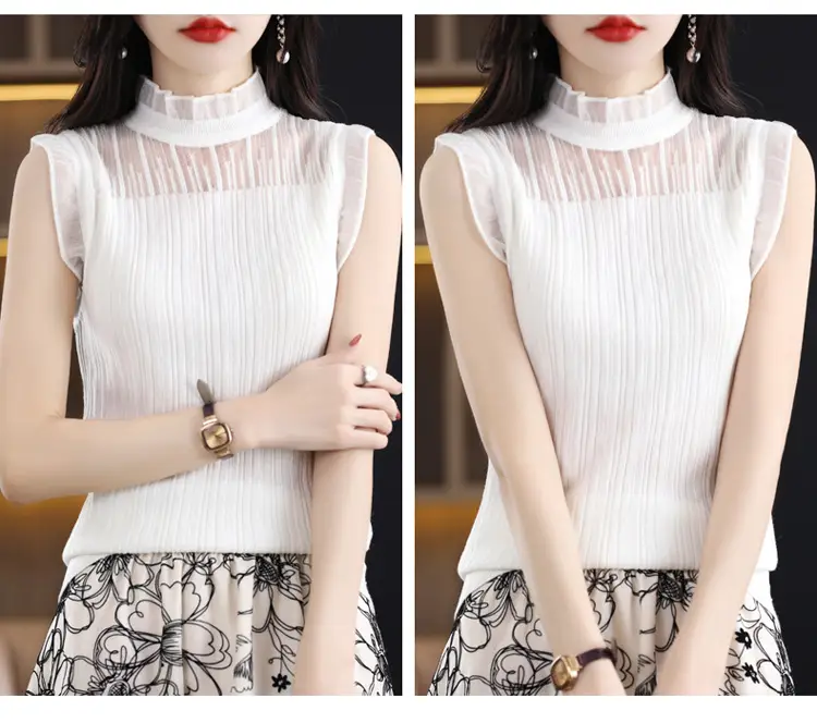 Women's White Sleeveless Fungus Lace Turtleneck Vest — feature 38