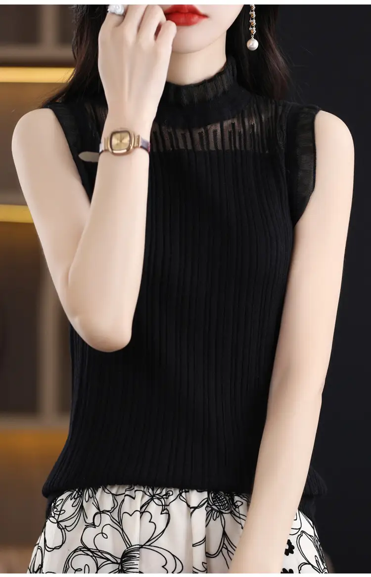 Women's White Sleeveless Fungus Lace Turtleneck Vest — feature 39