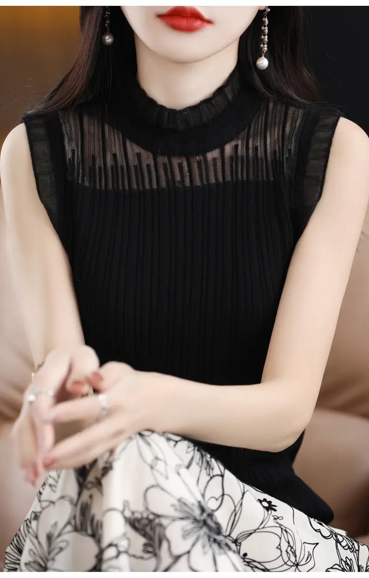 Women's White Sleeveless Fungus Lace Turtleneck Vest — feature 40