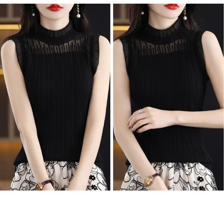 Women's White Sleeveless Fungus Lace Turtleneck Vest — feature 41