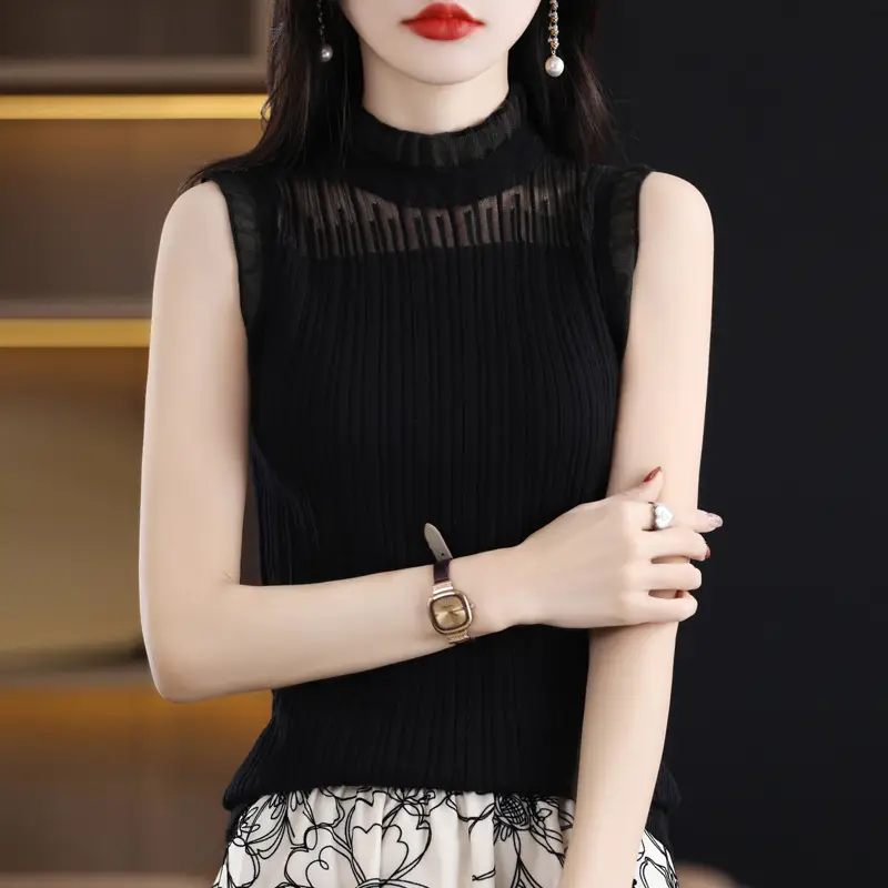 Women's White Sleeveless Fungus Lace Turtleneck Vest - Image 3