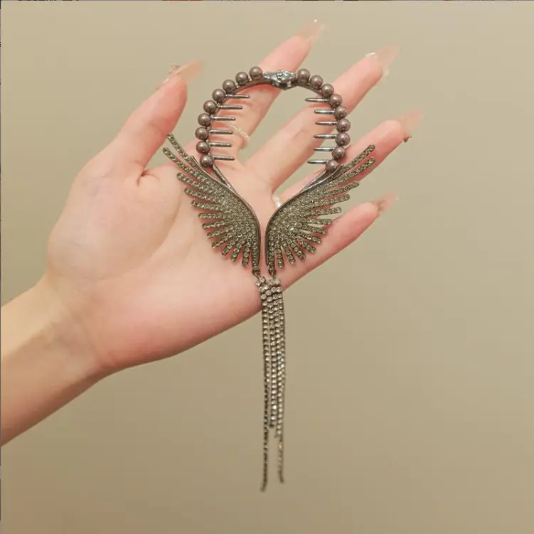 Pearl & Crystal Angel Wings Hair Ring