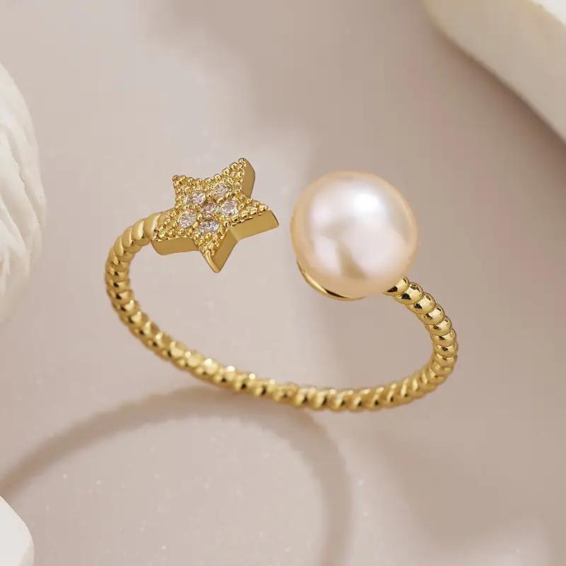 Women's Adjustable Pearl Star Ring with Diamond Accent - Image 3