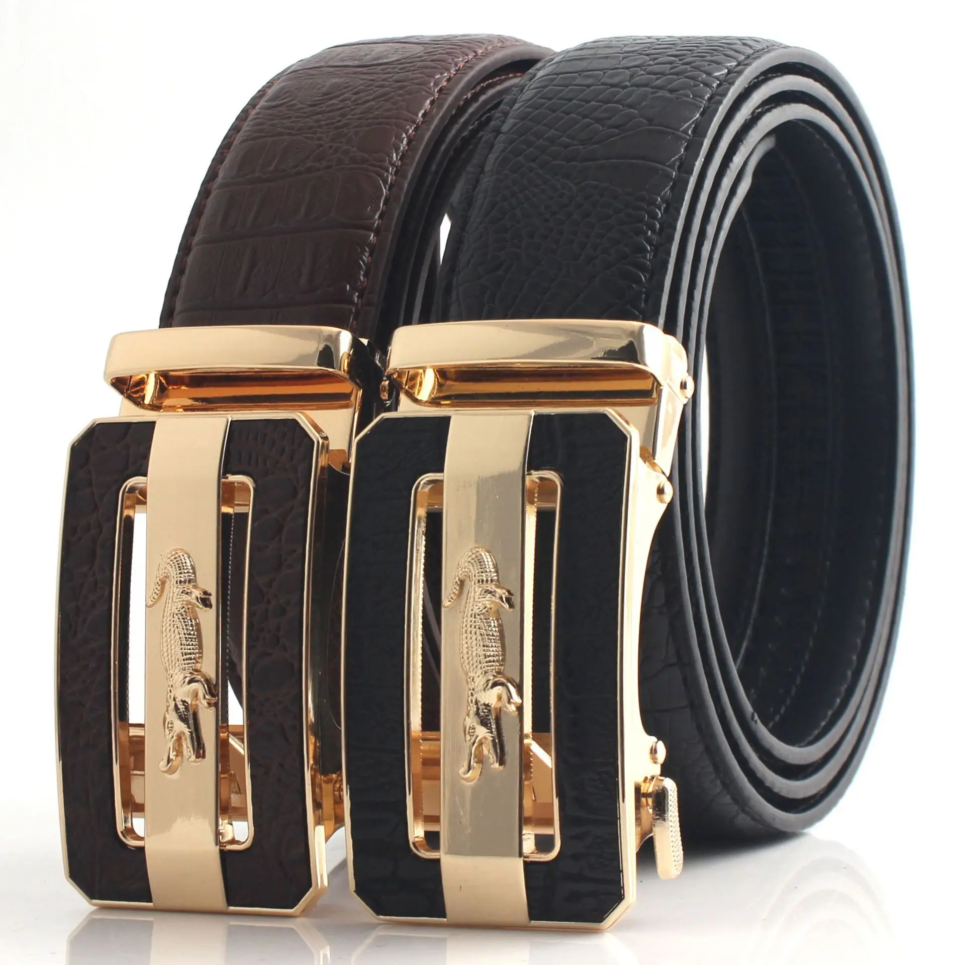 Hongsheng Croc Leather Belt for Men Brown Gold Buckle - Image 17