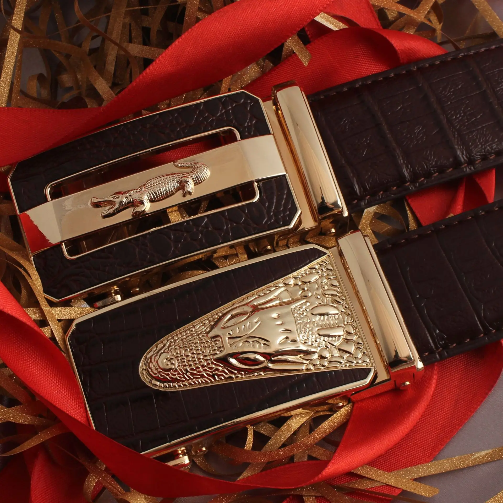 Hongsheng Croc Leather Belt for Men Brown Gold Buckle - Image 18