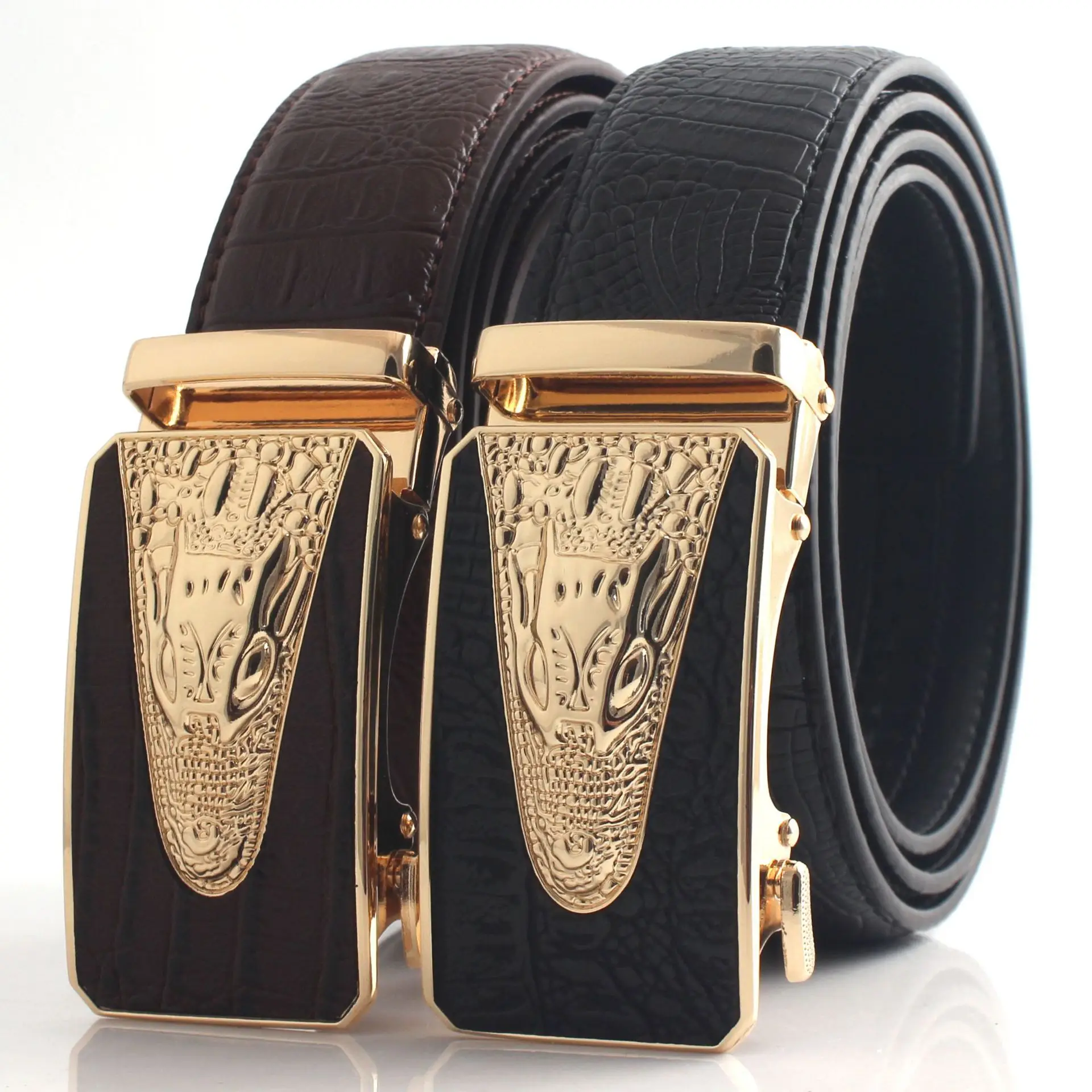 Hongsheng Croc Leather Belt for Men Brown Gold Buckle - Image 19