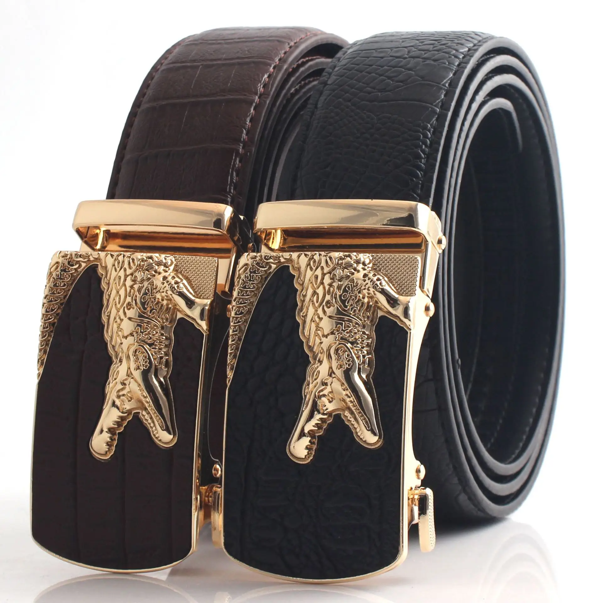 Hongsheng Croc Leather Belt for Men Brown Gold Buckle - Image 20