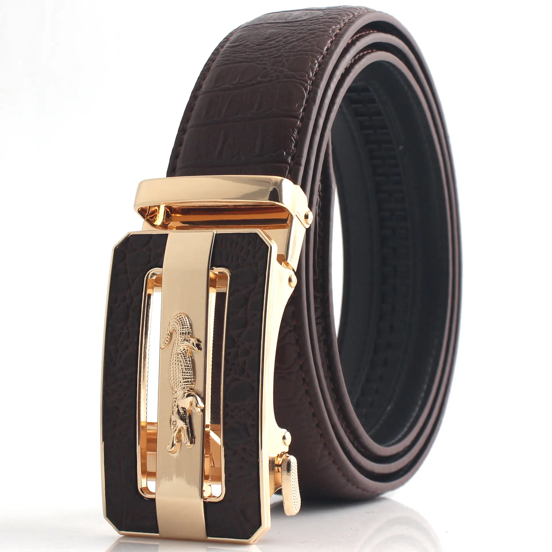 Hongsheng Croc Leather Belt for Men Brown Gold Buckle