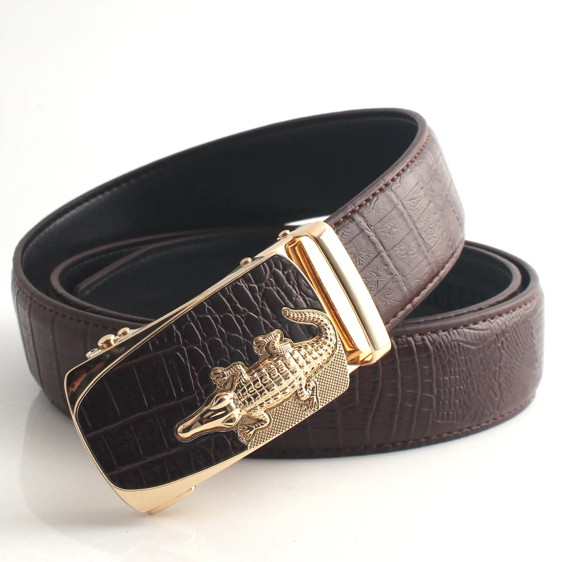 Hongsheng Croc Leather Belt for Men Brown Gold Buckle - Image 12