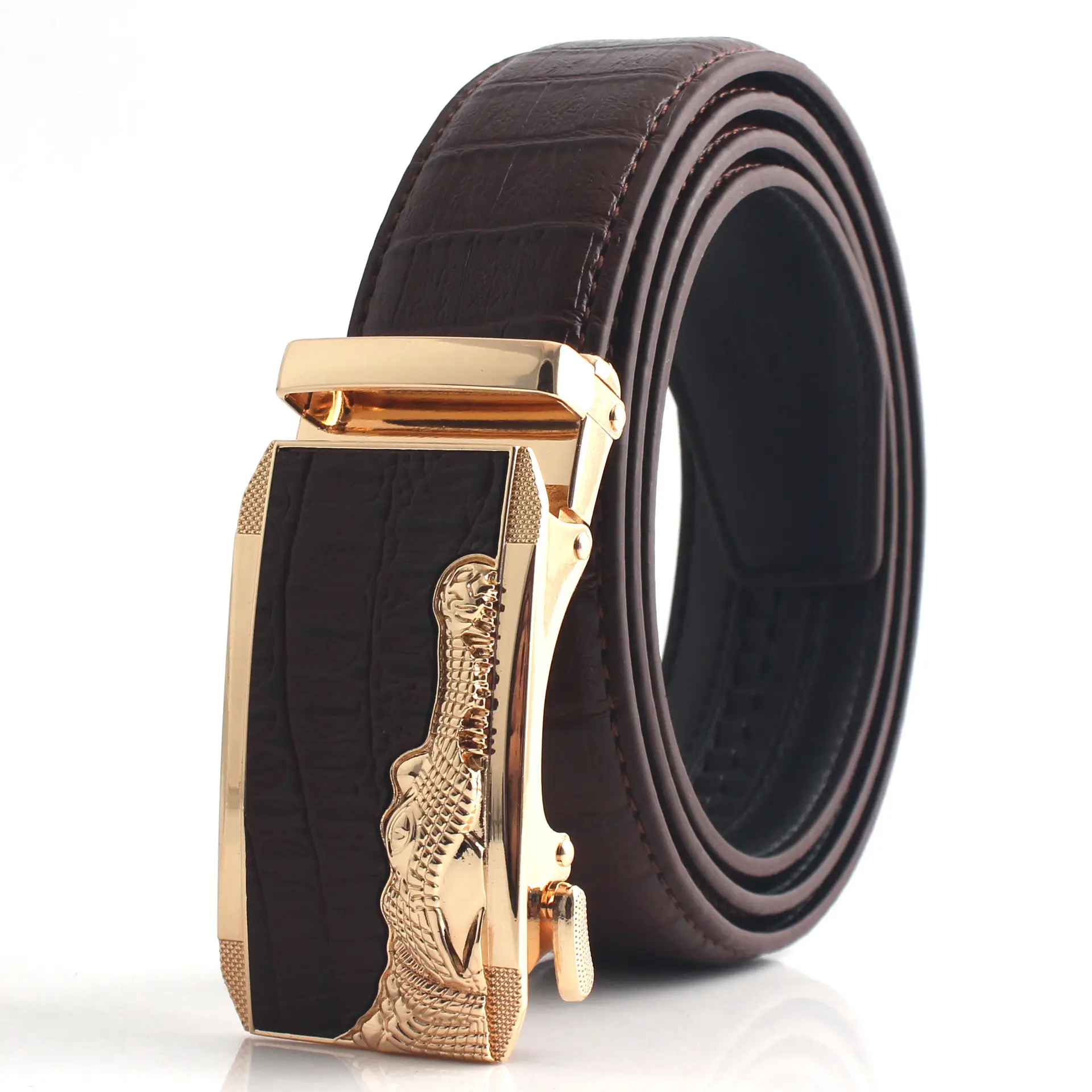 Hongsheng Croc Leather Belt for Men Brown Gold Buckle - Image 15