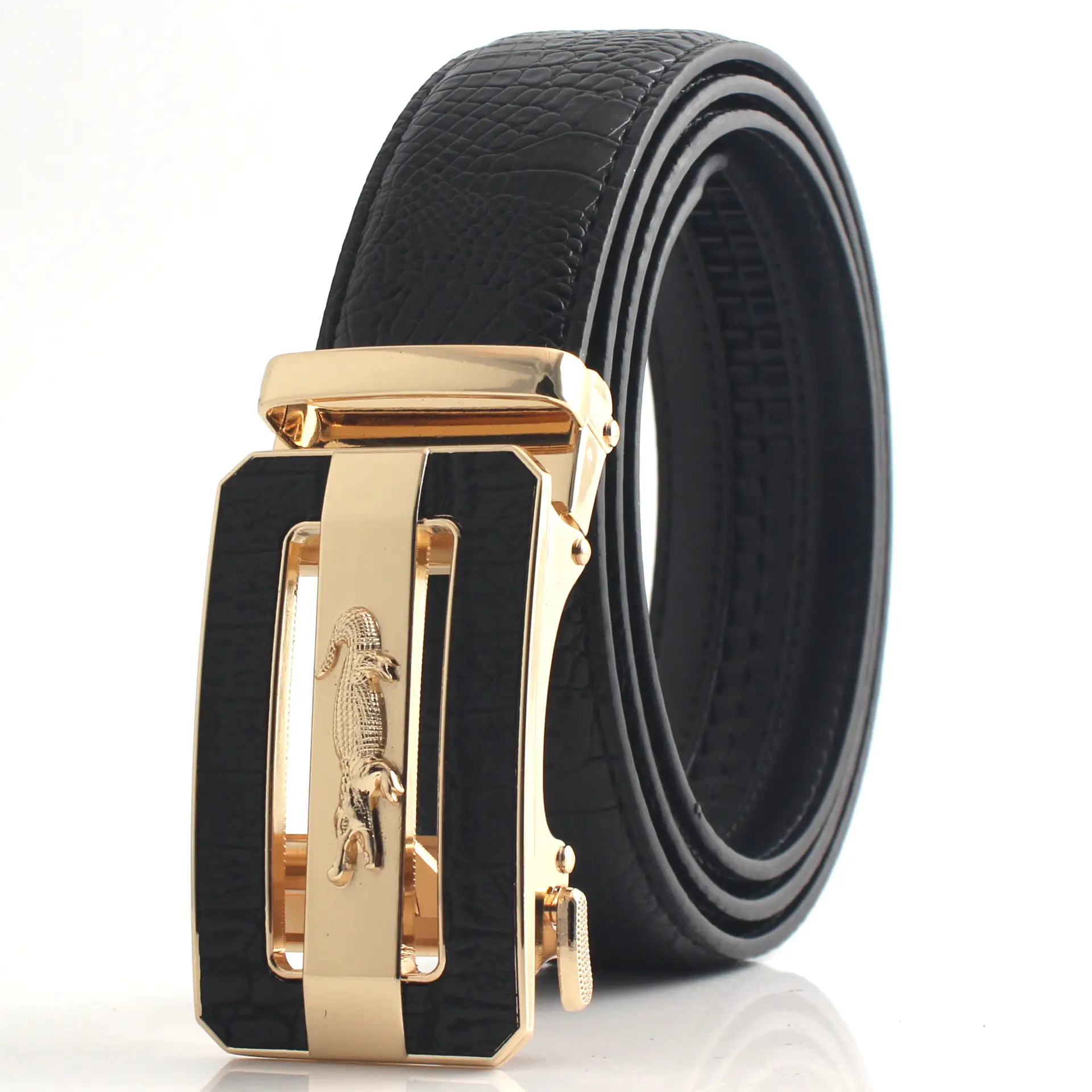Hongsheng Croc Leather Belt for Men Brown Gold Buckle - Image 2