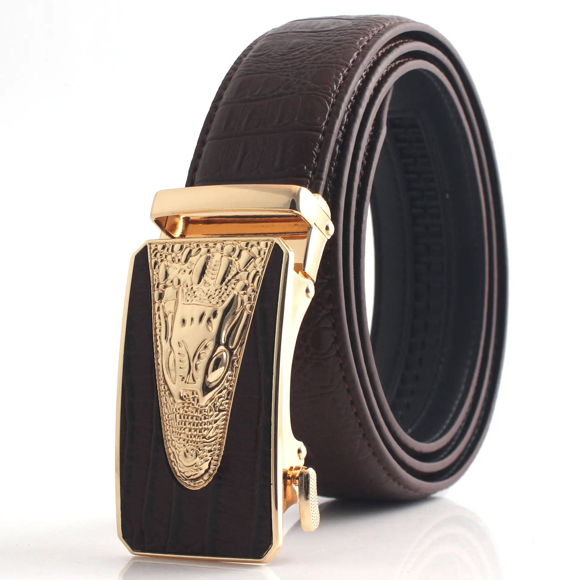 Hongsheng Croc Leather Belt for Men Brown Gold Buckle - Image 5