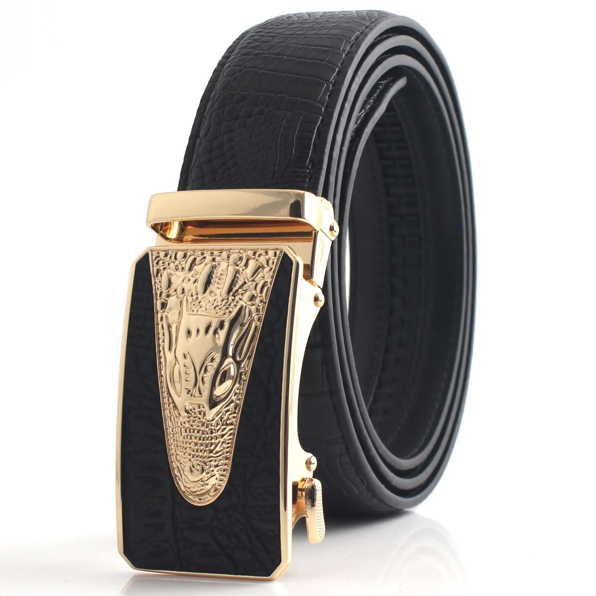Hongsheng Croc Leather Belt for Men Brown Gold Buckle - Image 6
