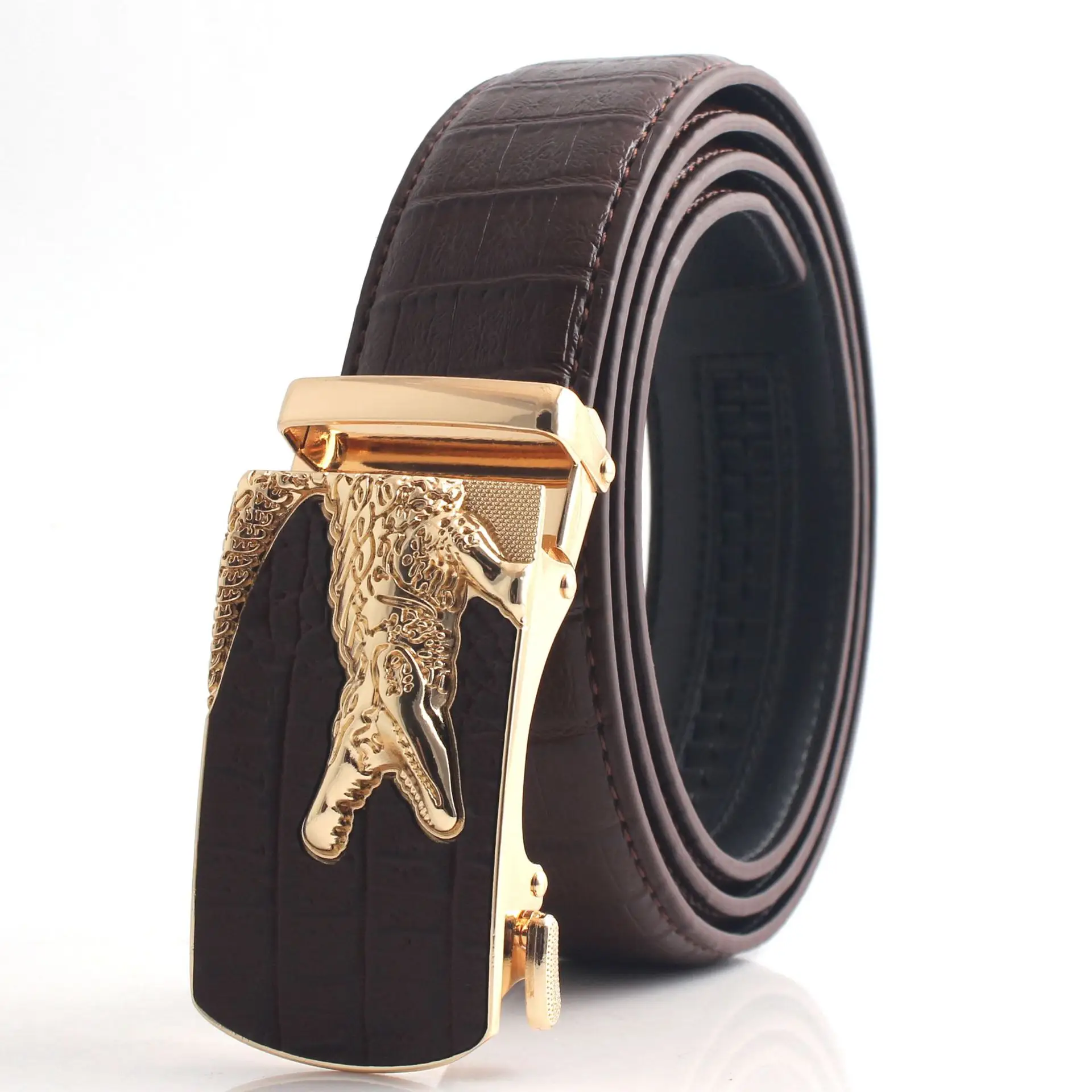 Hongsheng Croc Leather Belt for Men Brown Gold Buckle - Image 9