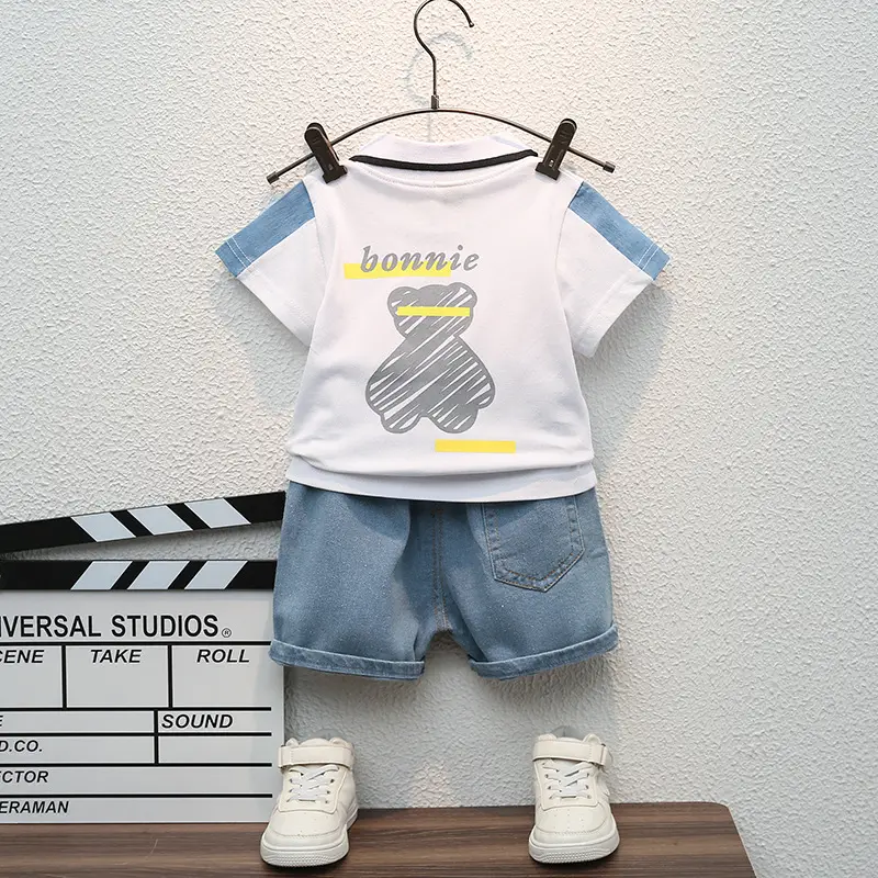 Children Cotton Polo Short Sleeve Suit White Blue Shorts - Image 3