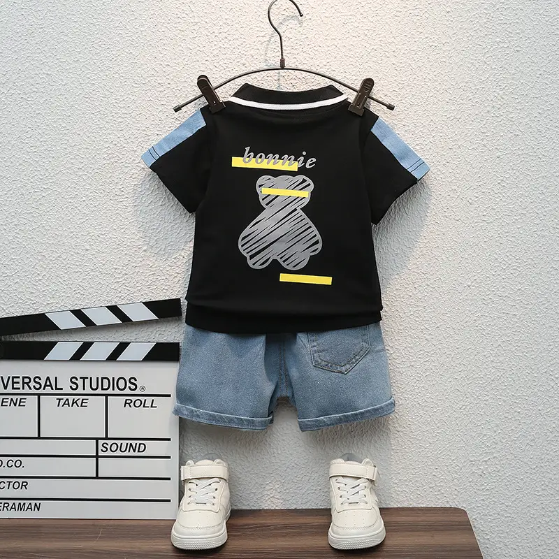 Children Cotton Polo Short Sleeve Suit White Blue Shorts - Image 4