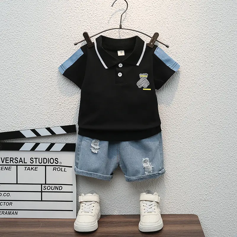Children Cotton Polo Short Sleeve Suit White Blue Shorts - Image 2