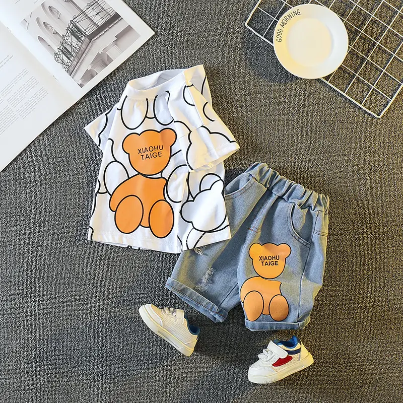 Children Cotton Printed T-Shirt Shorts Set Summer Boys Girls