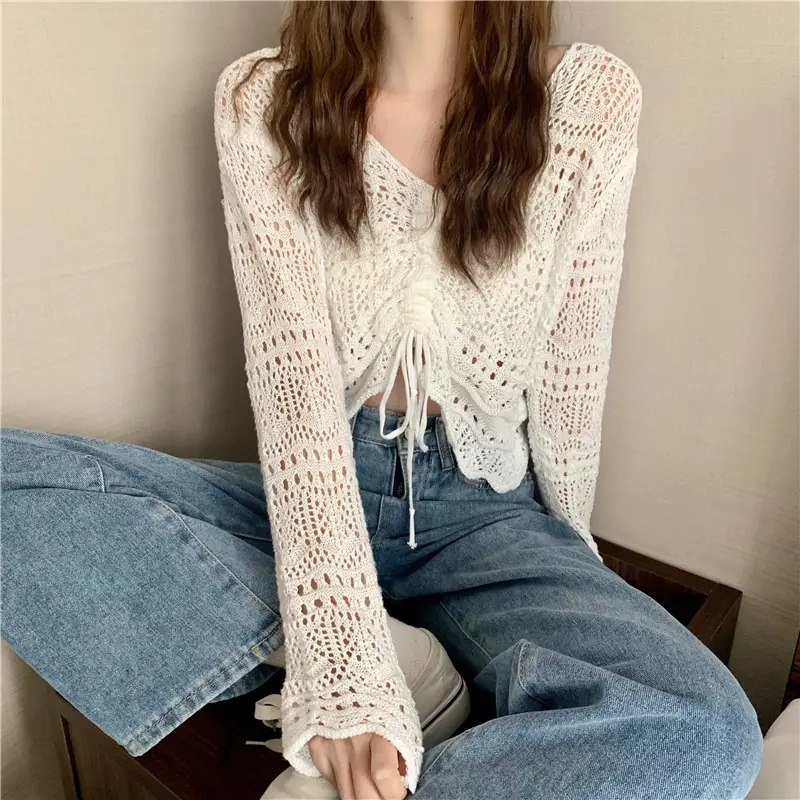 Hollow Knitted V Neck Top Yellow Summer Wear