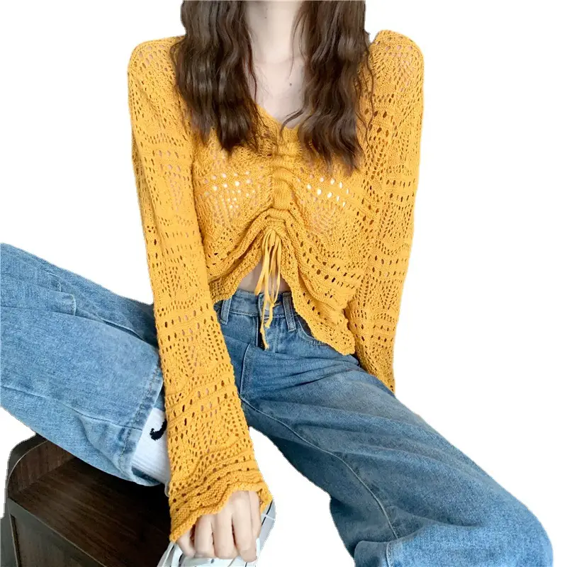 Hollow Knitted V Neck Top Yellow Summer Wear