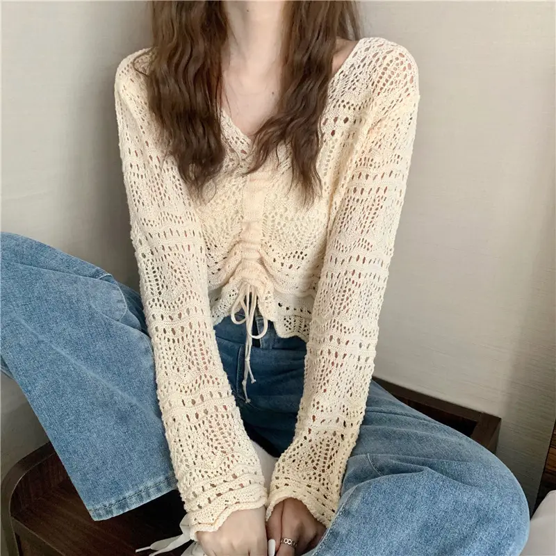 Hollow Knitted V Neck Top Yellow Summer Wear