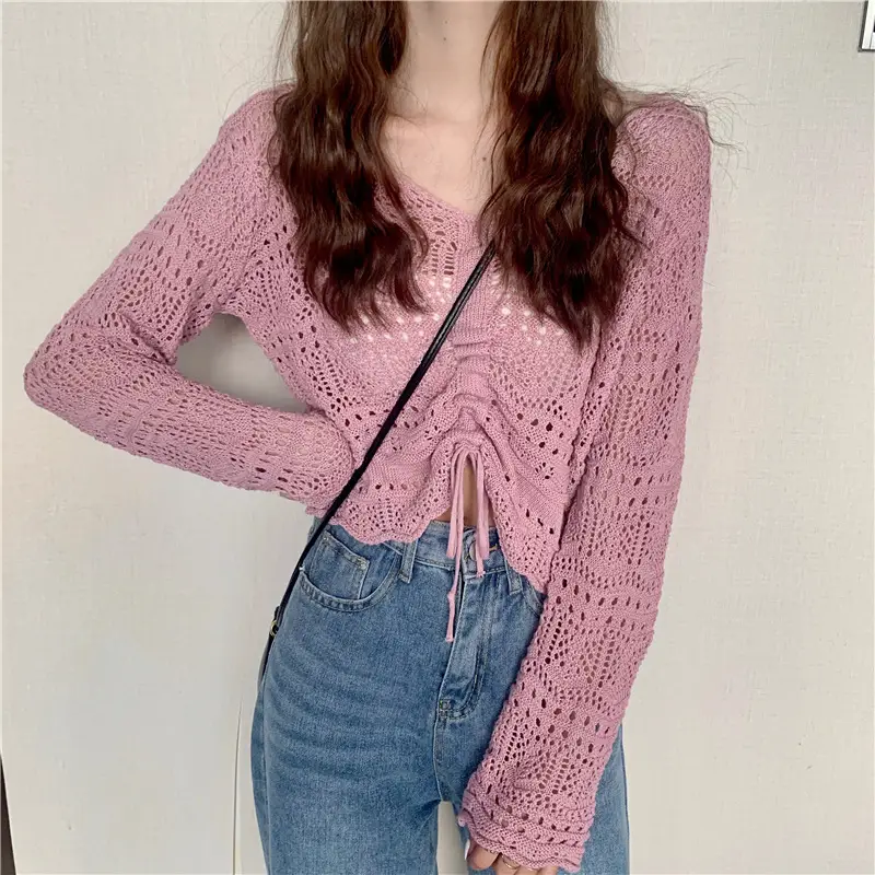 Hollow Knitted V Neck Top Yellow Summer Wear