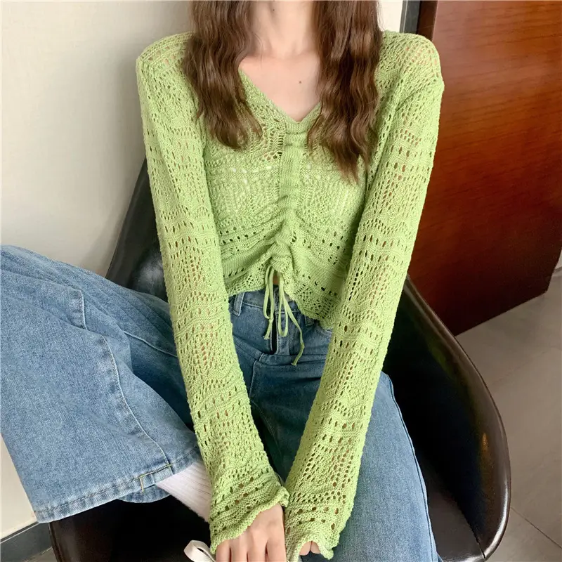 Hollow Knitted V Neck Top Yellow Summer Wear