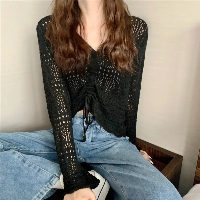 Hollow Knitted V Neck Top Yellow Summer Wear