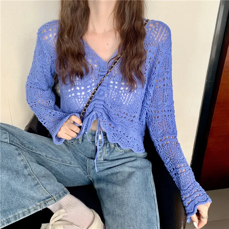 Hollow Knitted V Neck Top Yellow Summer Wear