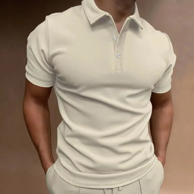 Men's Light Grey Button-Up Polo Shirt Short Sleeve - Image 4