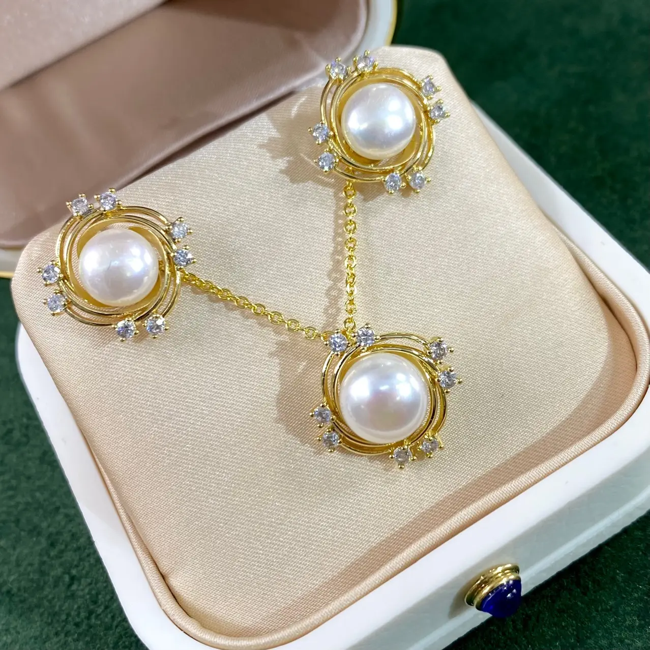 Natural Pearl Necklace Earrings Ring Set Gold Plated Women