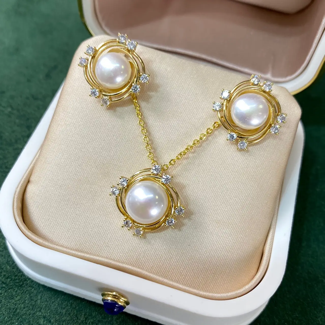 Natural Pearl Necklace Earrings Ring Set Gold Plated Women