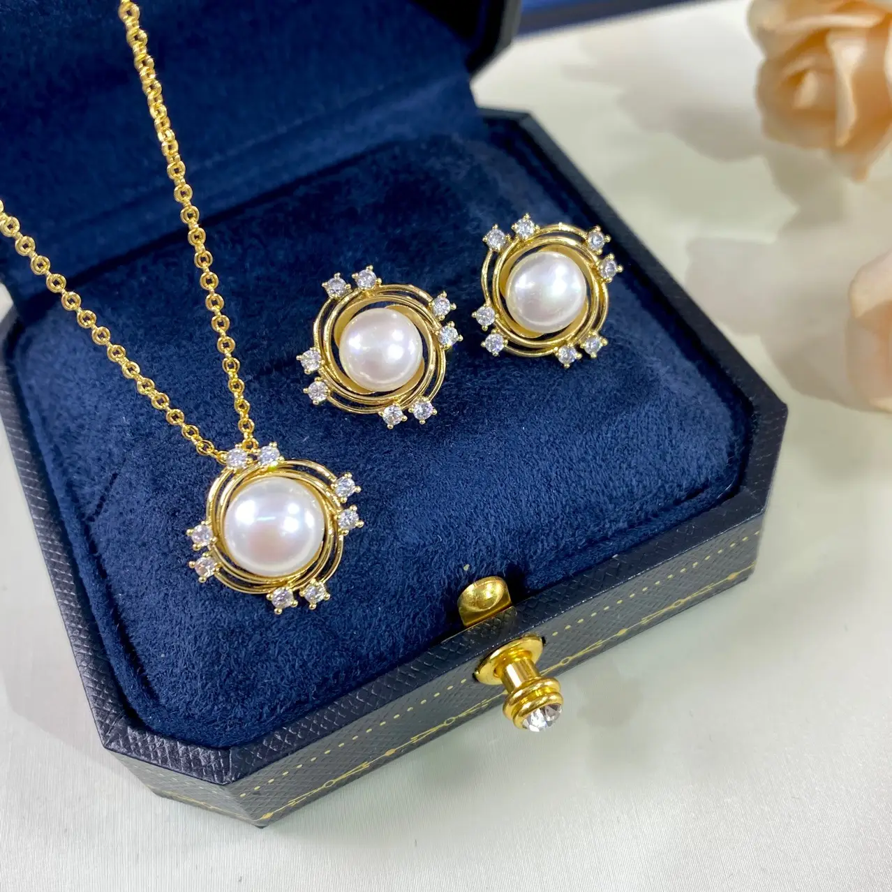 Natural Pearl Necklace Earrings Ring Set Gold Plated Women