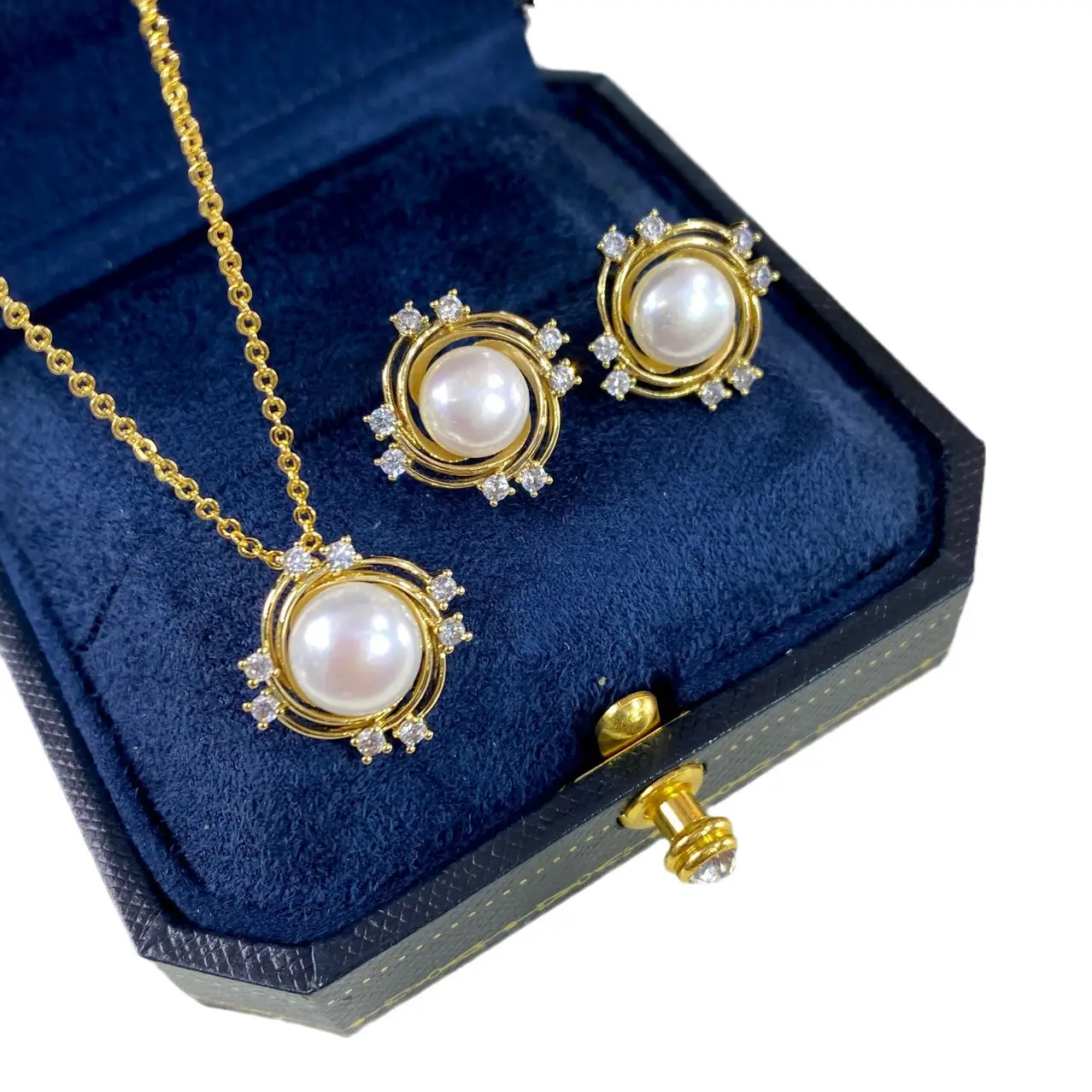 Natural Pearl Necklace Earrings Ring Set Gold Plated Women