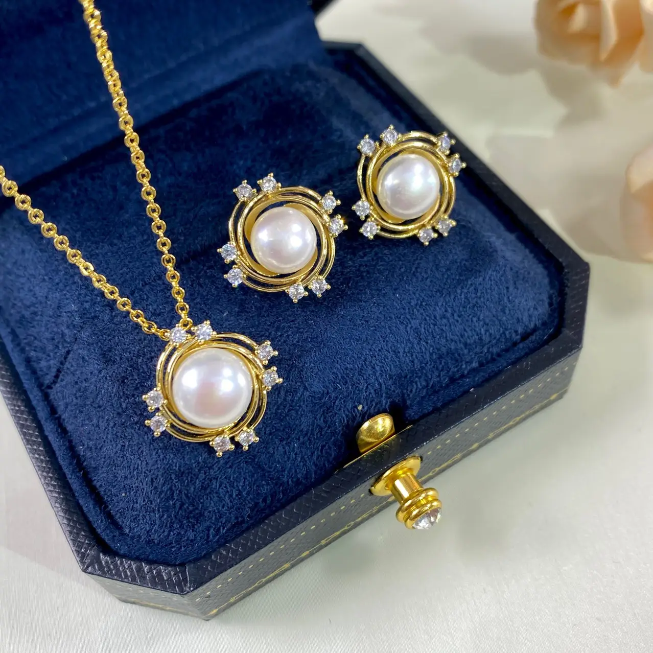 Natural Pearl Necklace Earrings Ring Set Gold Plated Women — feature 8