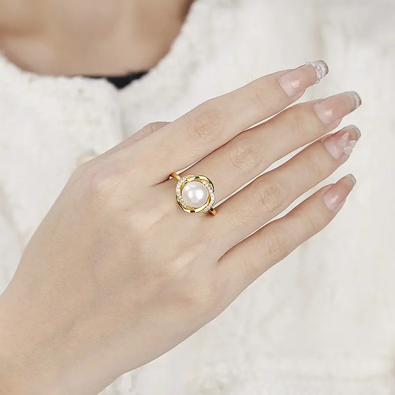Gold Pearl Ring with Zircon Set for Women - Image 3
