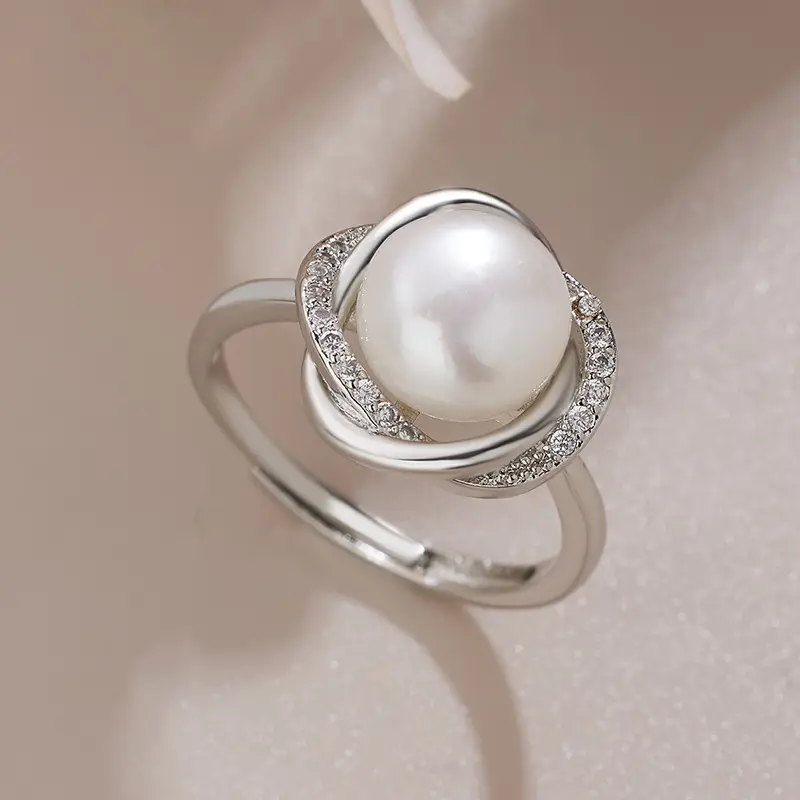 Gold Pearl Ring with Zircon Set for Women - Image 4
