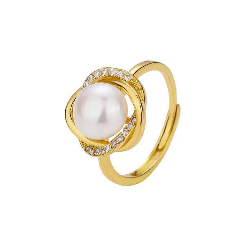 Gold Pearl Ring with Zircon Set for Women - Image 5