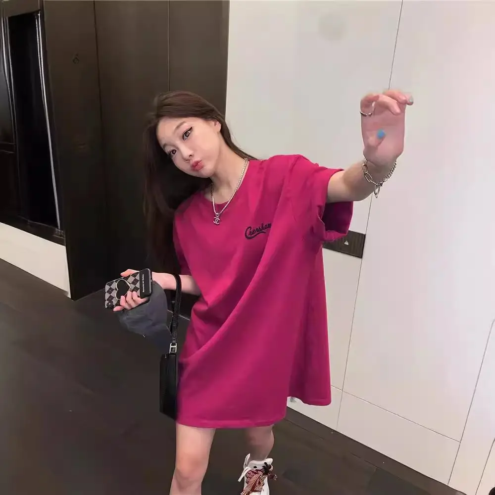 Pure Cotton Korean Style Loose Women's Clothing Fashion Wear Short Sleeve Top Mid-length Chic Design Sense Letter T-shirt Women's Trendy