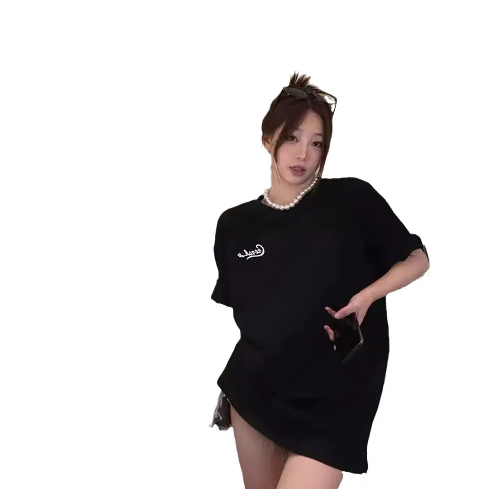 Pure Cotton Korean Style Loose Women's Clothing Fashion Wear Short Sleeve Top Mid-length Chic Design Sense Letter T-shirt Women's Trendy