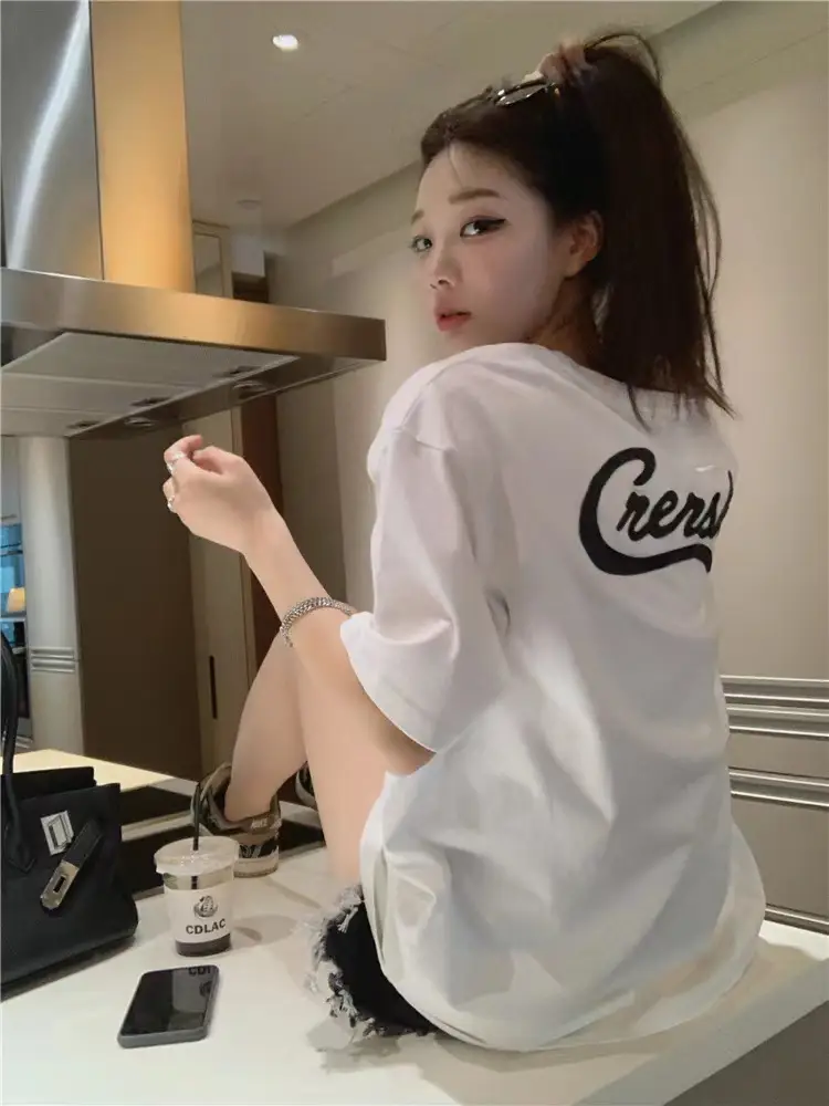 Pure Cotton Korean Style Loose Women's Clothing Fashion Wear Short Sleeve Top Mid-length Chic Design Sense Letter T-shirt Women's Trendy — feature 12