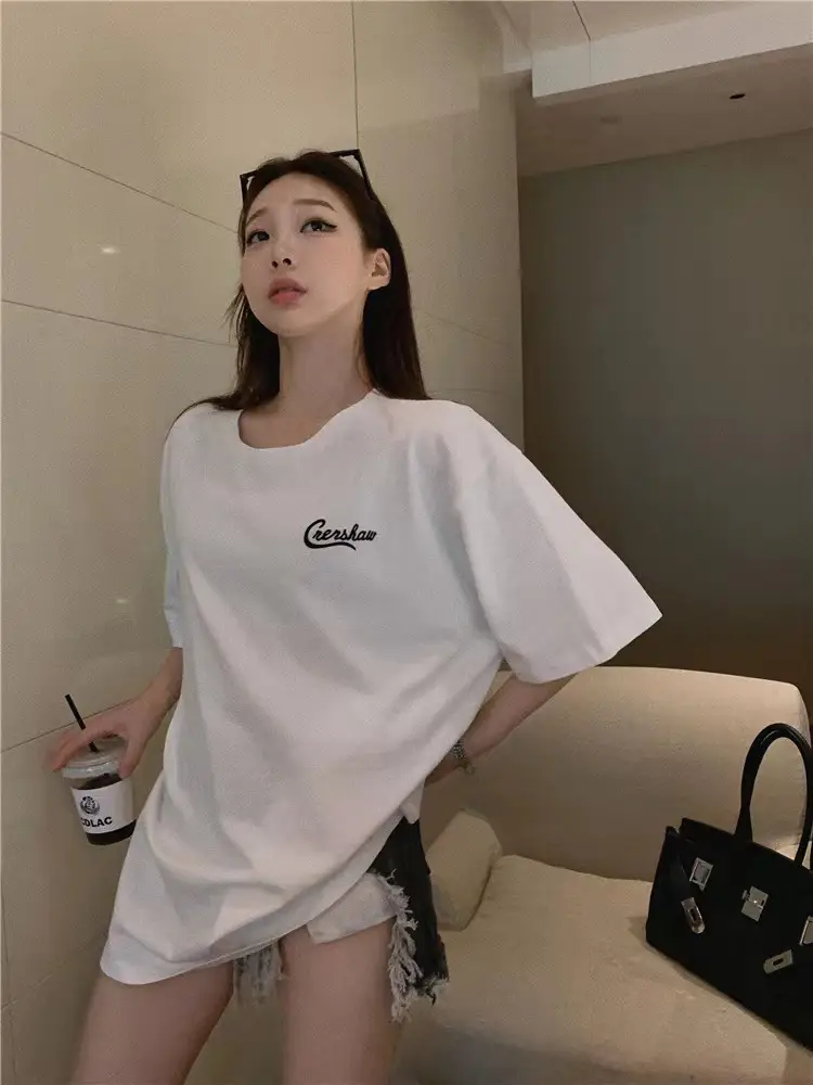 Pure Cotton Korean Style Loose Women's Clothing Fashion Wear Short Sleeve Top Mid-length Chic Design Sense Letter T-shirt Women's Trendy — feature 15