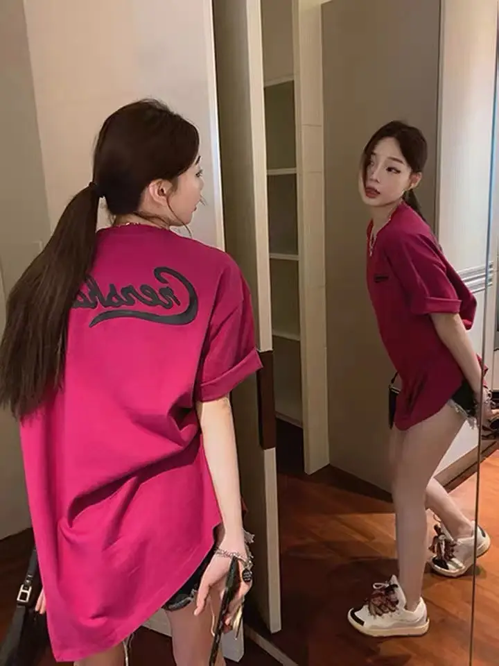 Pure Cotton Korean Style Loose Women's Clothing Fashion Wear Short Sleeve Top Mid-length Chic Design Sense Letter T-shirt Women's Trendy — feature 2