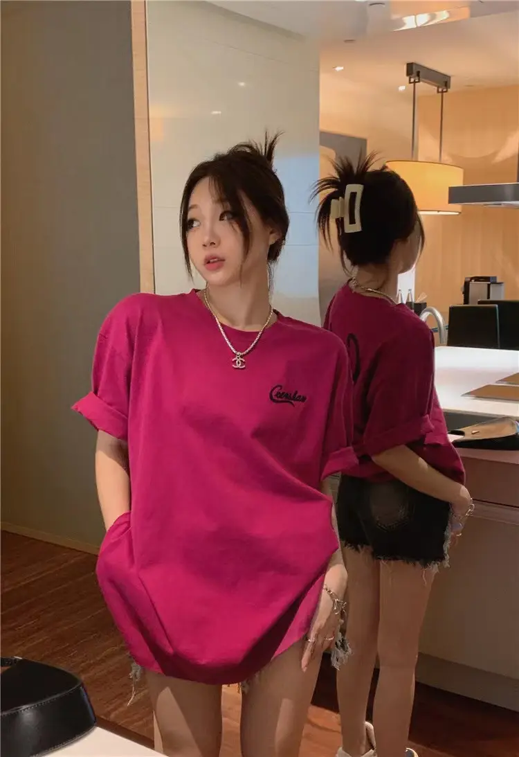 Pure Cotton Korean Style Loose Women's Clothing Fashion Wear Short Sleeve Top Mid-length Chic Design Sense Letter T-shirt Women's Trendy — feature 5
